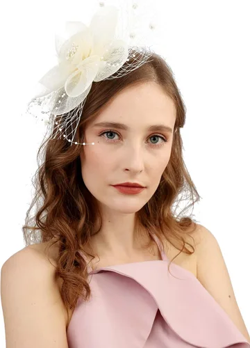 Vista 2 de Cizoe sombrero fascinador para mujer, con pinza para el cabello, sombrero con plumas para fiesta de té, para bodas, sombrero para novia