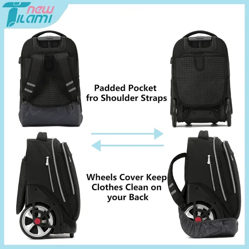 Vista 17 de NEW TILAMI Mochila con ruedas de 19 pulgadas con bolsa de almuerzo para niñas y niños, mochila para laptop con ruedas, bolsa de mano duradera