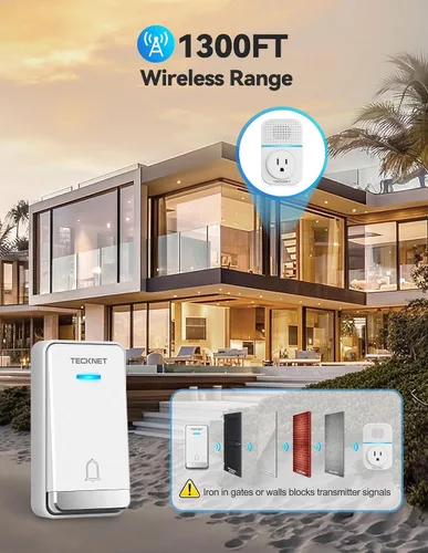 Vista 6 de TECKNET Timbre Inalámbrico, Timbre Autoalimentado, Timbre Inalámbrico de 0-110db con Enchufe para Casa y Aula, Timbre de Puerta Impermeable IP66