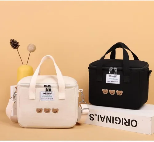 Vista 3 de Lonchera con aislamiento y diseño de oso Kawaii para mujer, lonchera kawaii, bolsa de almuerzo estética, bolsa cruzada linda para bolsa de almuerzo