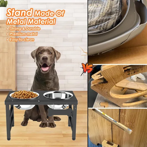 Vista 4 de ADENGL Cuenco elevado de metal para perros, soporte elevado para comedero de perros de 10" de alto con 2 cuencos de acero inoxidable de 42oz y Negro