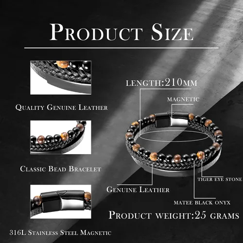 Vista 6 de Raymard Pulsera de cuentas de piedra volcánica de piedra volcánica de ónix negro y ojo de tigre mate para hombre, pulsera de cuero trenzado negro