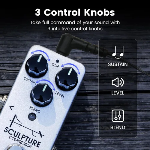 Vista 4 de NUX Mini pedal de efectos de guitarra de compresor de escultura, modo limpio, modo de clip, perilla de mezcla, bypass de búfer seleccionable Bulit
