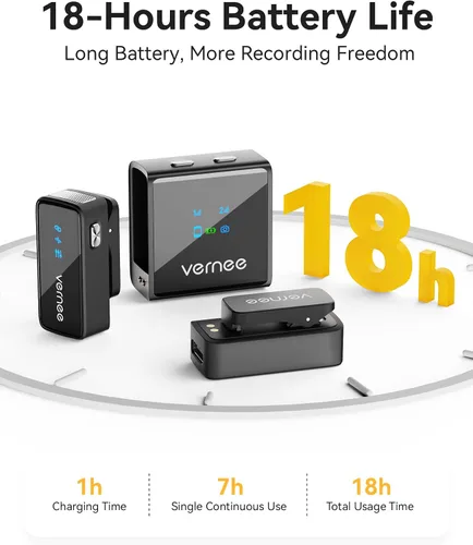 Vista 4 de vernee Micrófono Lavalier inalámbrico para iPhone 16 15, Android, tableta, PC, mini micrófono de 3 niveles con reducción de ruido AI, micrófono