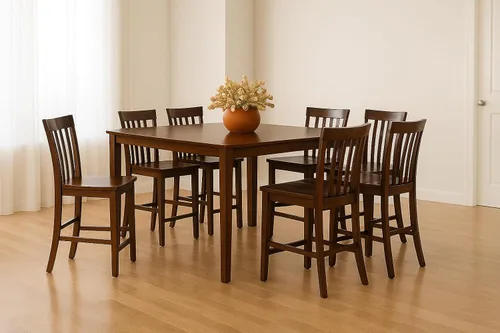 Vista 4 de CARTESIAN Juego de comedor de 9 piezas de altura de mostrador, nogal, construcción de madera maciza, mesa cuadrada con hoja de extensión, 8
