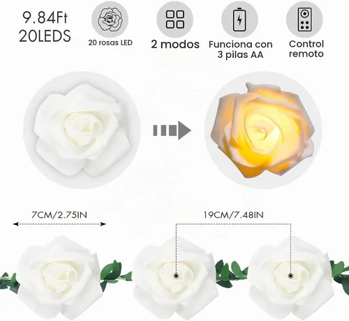 Vista 2 de VIPMOON Guirnalda de luces artificiales de 20 LED de 10 pies, funciona con pilas, con control remoto, tira de luces blancas cálidas impermeables