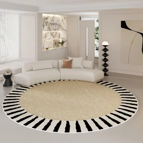 Vista 19 de Modernas alfombras redondas de color marfil a rayas negras para dormitorio, sala de estudio, simple moda abstracta, alfombra de área circular de 2