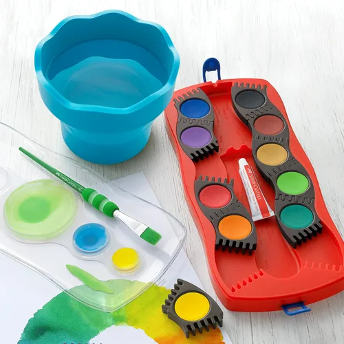 Vista 4 de Faber-Castell Clic & Go - Taza de agua de pintura portátil con soporte para cepillo, turquesa, limpiador de pinceles de pintura plegable, taza