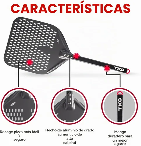 Vista 3 de TKC Pala Perforada para Pizza - Volteador de Pizza de Metal de 12 pulgadas compatible con Hornos Ooni, Uso Interior y Exterior, Mango Duradero