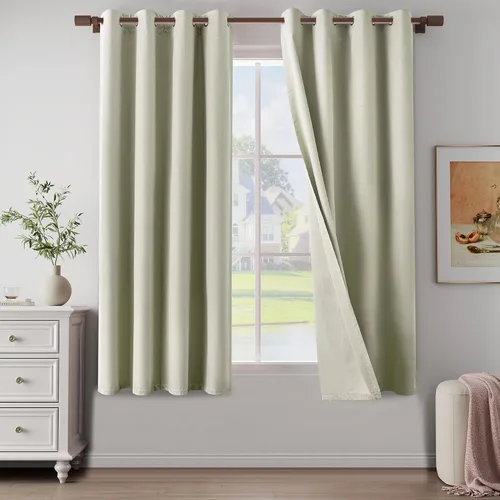 Vista 26 de Cortinas texturizadas de lino 100% opacas de 64 pulgadas de largo, juego de 2 paneles para granja, casa de campo, cortinas ligeras con ojales
