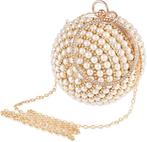 Vista 9 de Bolso redondo de la bola del embrague de la mujer deslumbrante completo Rhinestone borlas anillo de la manija del bolso de las perlas de la noche