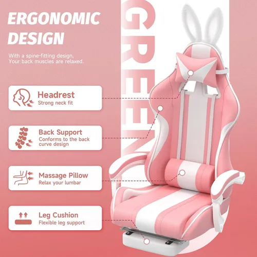 Vista 6 de Ferghana Kawaii Bunny Ears - Silla de juegos con reposapiés y masaje, silla ergonómica de cuero para juegos de computadora para niñas, adultos, Rosa