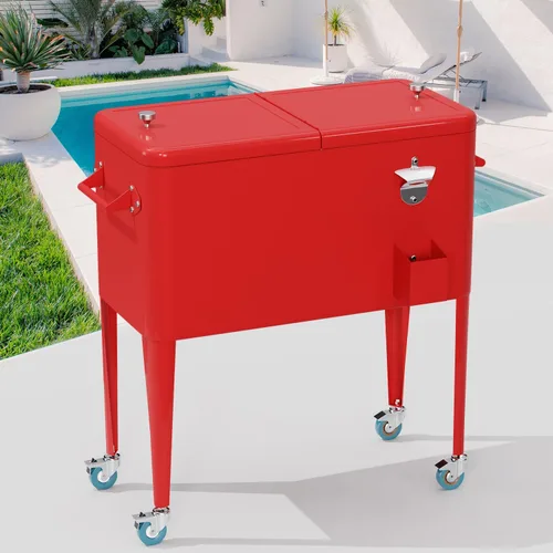 Vista 3 de Enfriador de 80 cuartos de galón para exteriores, enfriador de hielo con ruedas, asas laterales, abridor de botellas, enfriador de bebidas portátil