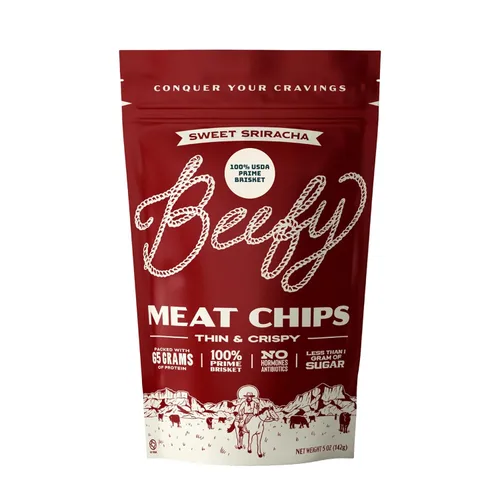 Vista 17 de BEEFY Meat Chips - Mostaza Miel - 2.5oz. 100% Prime Brisket. 13g de proteína por onza.