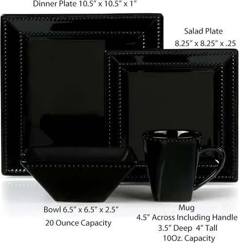 Vista 6 de Lorren Home Trends - Juego de vajilla cuadrada de cerámica con cuentas de 16 piezas, color negro
