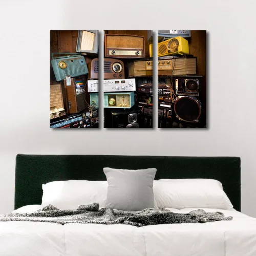 Vista 4 de TUMOVO Arte de pared de estilo retro, grupo de dispositivos electrónicos antiguos de radio, pinturas de imágenes, 3 piezas, lienzo, decoración