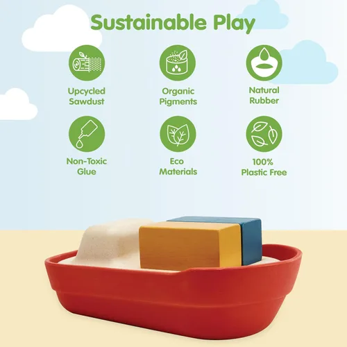 Vista 3 de PlanToys® Juguete de baño de barco de carga para niños pequeños Barco flotante con bloques de carga para jugar en el agua Juguete educativo