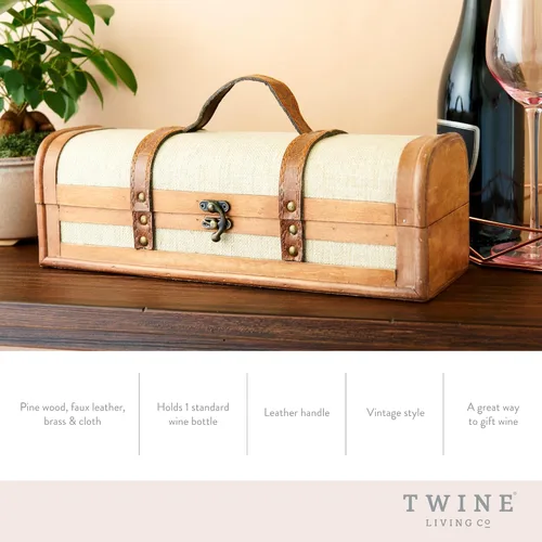 Vista 2 de Twine Caja de regalo vintage para botella de vino, caja de vino de madera con tapa y asa, madera, piel sintética, latón, tela, capacidad para 1