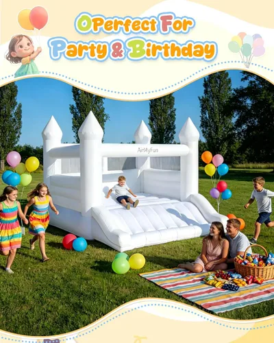 Vista 5 de AirMyFun Casa de rebote blanca para niños de 3 a 10 años, casa de rebote con soplador, tobogán y aro de bola, castillo inflable de salto