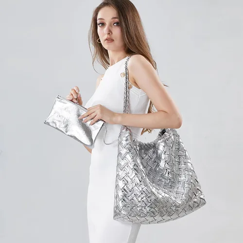 Vista 3 de Bolso de mano tejido para mujer, bolso de mano de cuero vegano, bolsos grandes con bolso, bolsa de hombro, estilo hobo casual