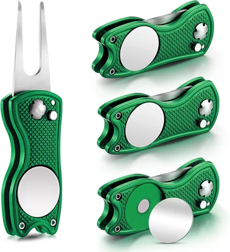 Vista 11 de Skylety 4 piezas herramienta de reparación de divot de golf plegable de metal con botón emergente magnético, marcador de bolas de acero inoxidable