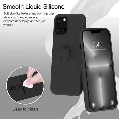 Vista 2 de MOCCA Funda compatible con iPhone 13 Mini con soporte de anillo, silicona líquida, forro de microfibra, funda protectora antiarañazos, a prueba