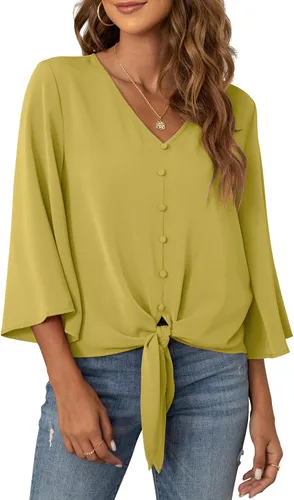 Vista 18 de VIISHOW Blusas de verano para mujer, con botones, cuello en V, de gasa, mangas acampanadas de 3/4, con nudo, casuales 01 Blanco