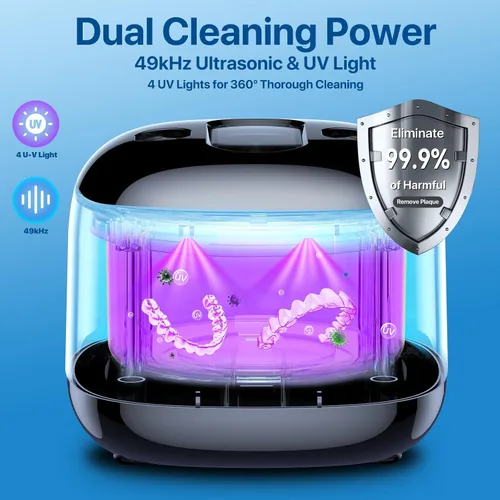 Vista 2 de Máquina limpiadora ultrasónica de retenedores, 49 kHz 7.4 fl oz, cápsula de limpieza dental con temporizador digital, limpiador ultrasónico