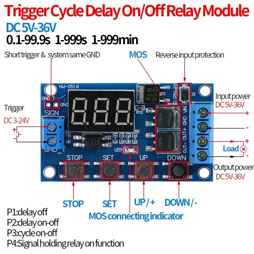 Vista 3 de Relé de temporizador, módulo de retardo de pantalla LED, CC 5V-30V, relé de retardo de tiempo, ciclo de encendido/apagado, placa de interruptor