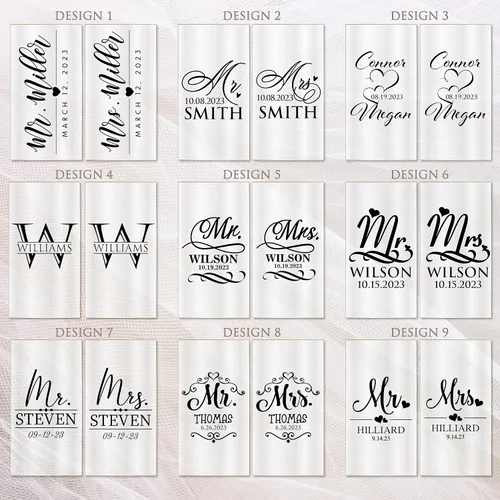 Vista 2 de Copas de champán personalizadas para novia y novio, juego de 2, 9 diseños, copas de champán para compromiso con apellido y fecha, copas de champán