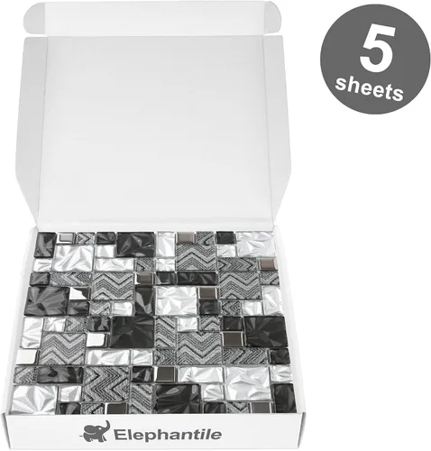Vista 4 de Azulejos de vidrio blanco y negro para cocina, baño, pared, salpicadero, mosaico, patrón de Versalles [Juego de 5]