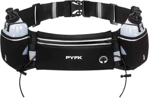 Vista 9 de PYFK Cinturón para correr con botellas de agua, cinturón de hidratación para hombres y mujeres, soporte para botella de agua, bolsa para correr Negro