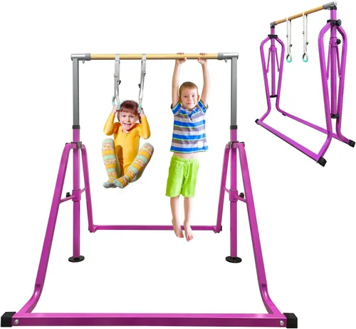Vista 14 de GLANT Barra de gimnasia para niños con juego de anillos, 7 alturas ajustables, fácil de plegar, barra de entrenamiento de gimnasia para niños