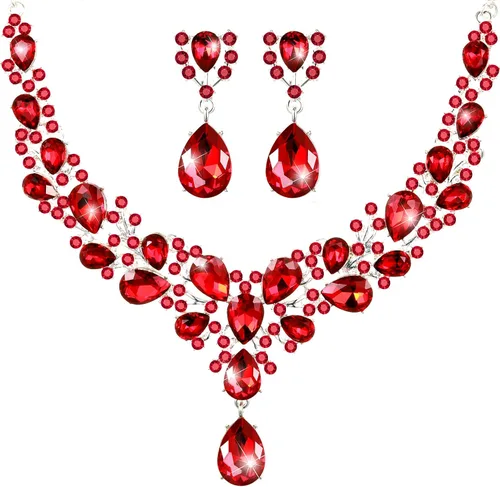 Vista 11 de Hicarer Conjunto de joyas de cristal en forma de lágrima nupcial para mujer, collar, aretes, boda Negro