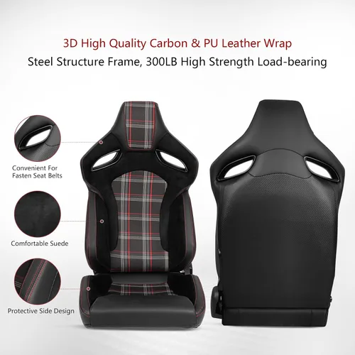 Vista 3 de IKON MOTORSPORTS, Asiento universal de carreras PU + cuero de carbono + gamuza, con deslizadores dobles, asiento deportivo reclinable negro