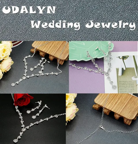 Vista 4 de Udalyn - Juego de joyas de dama de honor con diamantes de imitación para mujer, collar y aretes para boda con pulsera de cristal