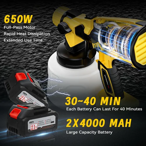 Vista 4 de Pistola de Pintura Inalámbrica con Batería de 2 de 4000mAh, 5 Boquillas y 3 Modos de Pulverización Ajustables, Pistola de Pintura con Contenedor