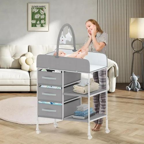 Vista 7 de Cambiador portátil para bebé, cambiador de pañales con almohadilla impermeable, cambiador para niños pequeños con 3 cestas de almacenamiento