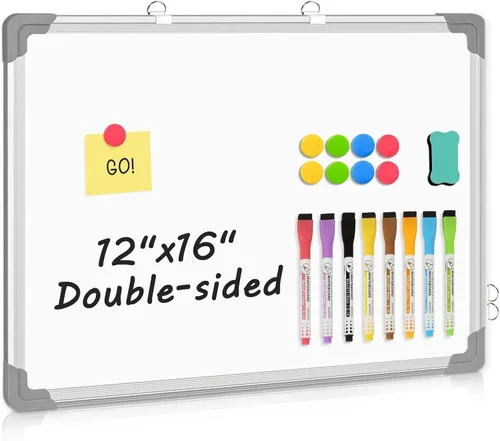 Vista 7 de Pizarra blanca magnética de doble cara, 16 x 12 pulgadas (negro) Dry Erase Board, Whiteboard for Wall Hanging Marker Board White Board Dry Erase