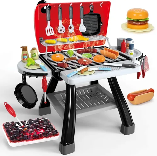 Vista 8 de Juguetes de Cocina para Niños, Parrilla de Barbacoa para Niños Juego de Cocina con Humo, Sonido y Luz, Juguetes de Comida Rosa Juego de Cocina