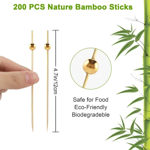 Vista 2 de 200 palillos de cóctel para bebidas, palillos de dientes elegantes para aperitivos, palillos de cóctel de bambú para aperitivos, palillos de dientes