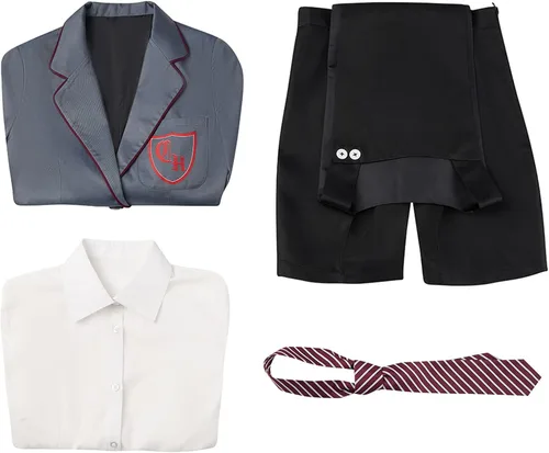 Vista 3 de Disfraz gris de Matilda para mujer, disfraz escolar, uniforme de fiesta de Halloween, chaqueta, camisa, vestido, corbata A