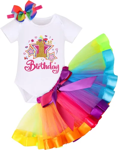 Vista 40 de IBAKOM Conjunto de ropa de 3 piezas para bebé niña de 1er cumpleaños + tutú de tul de princesa arcoíris + diadema con lazo, conjunto de ropa de 3
