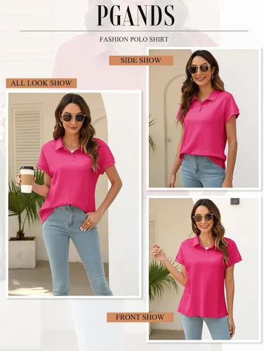 Vista 4 de PGANDS Camisa polo de manga corta para mujer, cuello de verano, con botones, casual, cuello en V, ajuste holgado