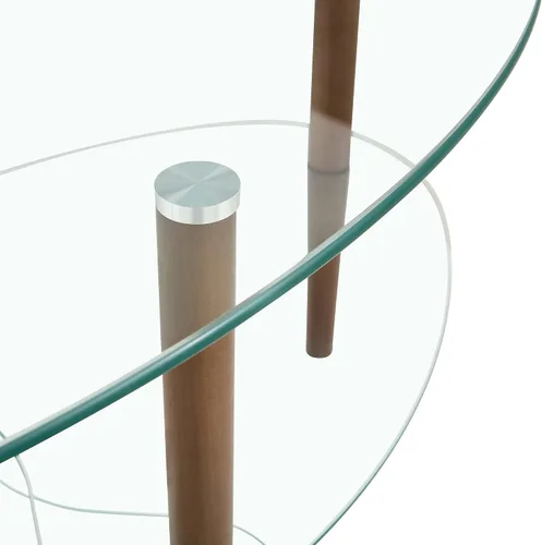 Vista 4 de Mesa auxiliar ovalada de vidrio templado de 3 capas con patas de madera de roble de almacenamiento, mesa auxiliar moderna para sala de estar