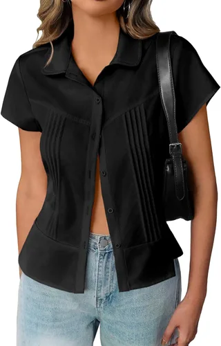 Vista 10 de Cicy Bell Blusas de manga corta con botones para mujer, plisadas, ajuste ceñido, elegantes casuales de verano