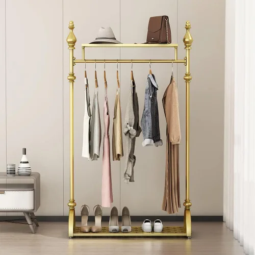 Vista 7 de Perchero de ropa dorado, perchero industrial para colgar ropa con estantes dobles independiente, multifuncional, resistente, perchero de metal móvil