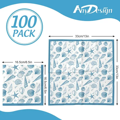 Vista 2 de AnyDesign Paquete de 100 servilletas de almuerzo de concha de mar, conchas de océano azul, conchas de playa, servilletas de papel desechables