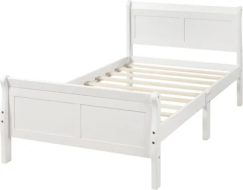 Vista 3 de Merax Base de cama de plataforma de madera, base de cama individual, base de colchón con cabecero, estribo, soporte de listones de madera