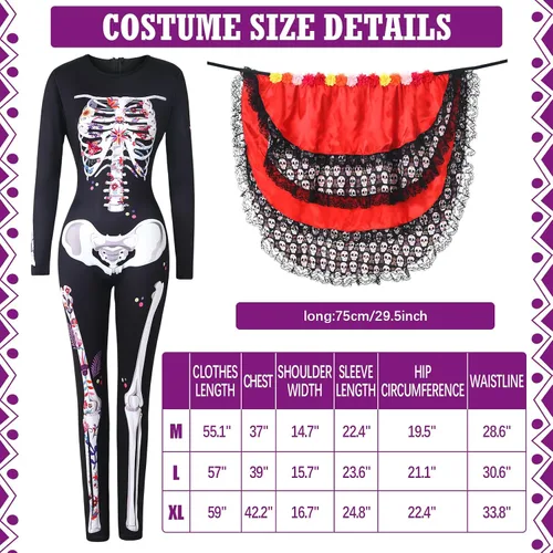 Vista 6 de 4 piezas de disfraz de Halloween Día de los Muertos para mujer, body de esqueleto con lazo en la diadema bulliciosa tatuajes faciales temporales